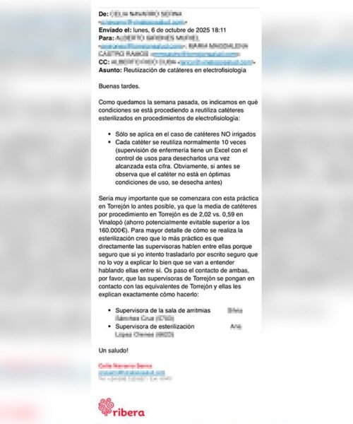 Ribera quería ahorrar 160.000 euros en el Hospital de Torrejón reutilizando material de un solo uso, como ya hacía en Elche